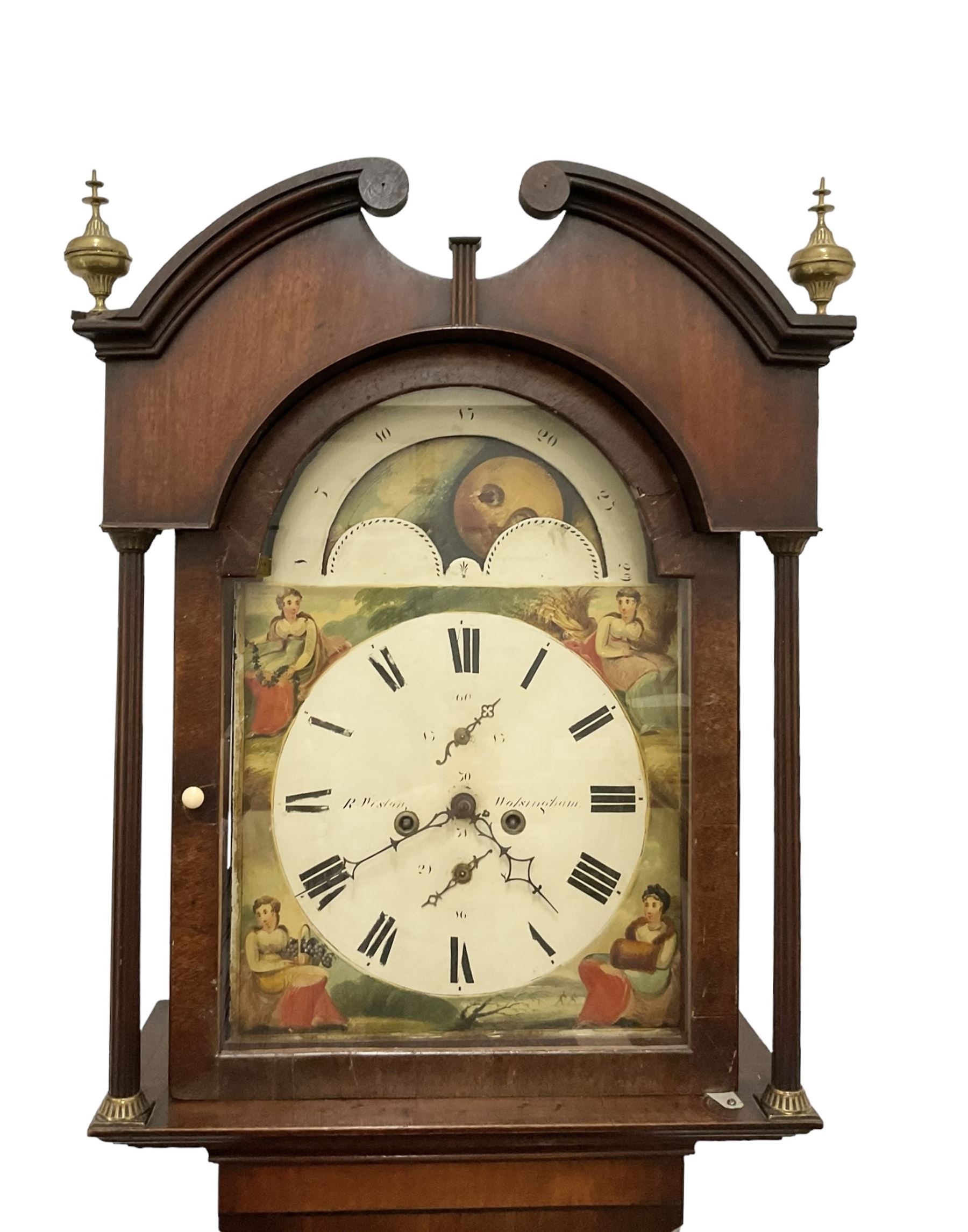 Ralph Weston (III) of Wolsingham (Co Durham)  -  Mahogany cased 30-hour Longcase clock, broken arch pediment with brass paterie and two ball and spire finials, break arch hood door flanked by reeded pilasters with brass capitals, trunk with canted corners and long flat topped door, rectangular plinth raised on bracket feet, painted dial with depictions of the four seasons to the spandrels and a working moon disc to the arch, with Roman numerals, dummy winding arbors, dummy seconds dial, calendar dial and steel hands, Dial pinned directly to a countwheel striking chain driven movement, with weight and pendulum.  
The Weston family of County Durham clockmakers were highly prolific family of North-Eastern clockmakers during the 18th and 19th century, Well known for producing many Thirty-Hour clocks with 