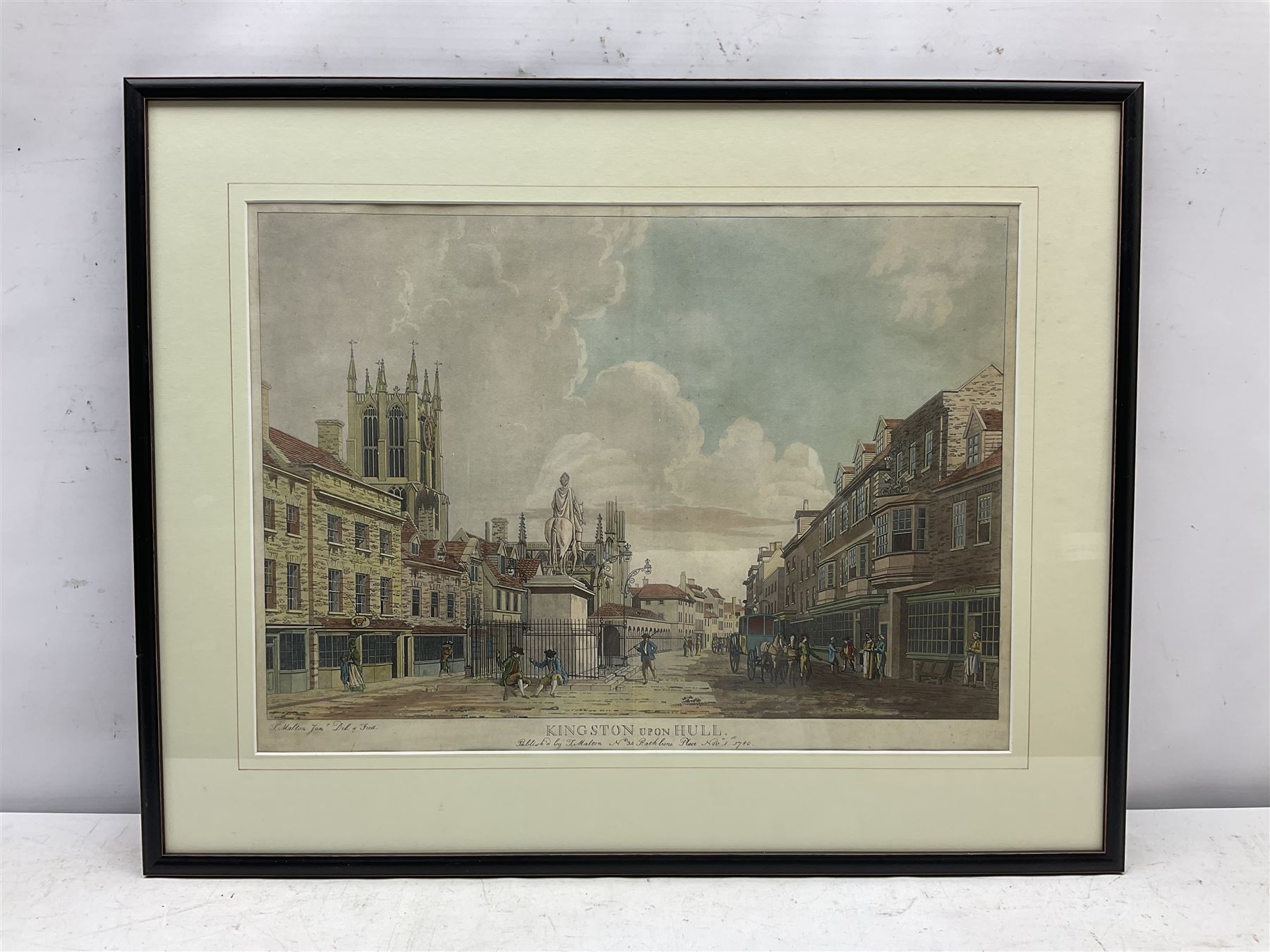 By and after Thomas Malton (British 1748-1804): 'Kingston upon Hull', showing the King William III statue, coloured aquatint pub. 34 Rathbone Place, 1st November 1780, 35cm x 49cm  