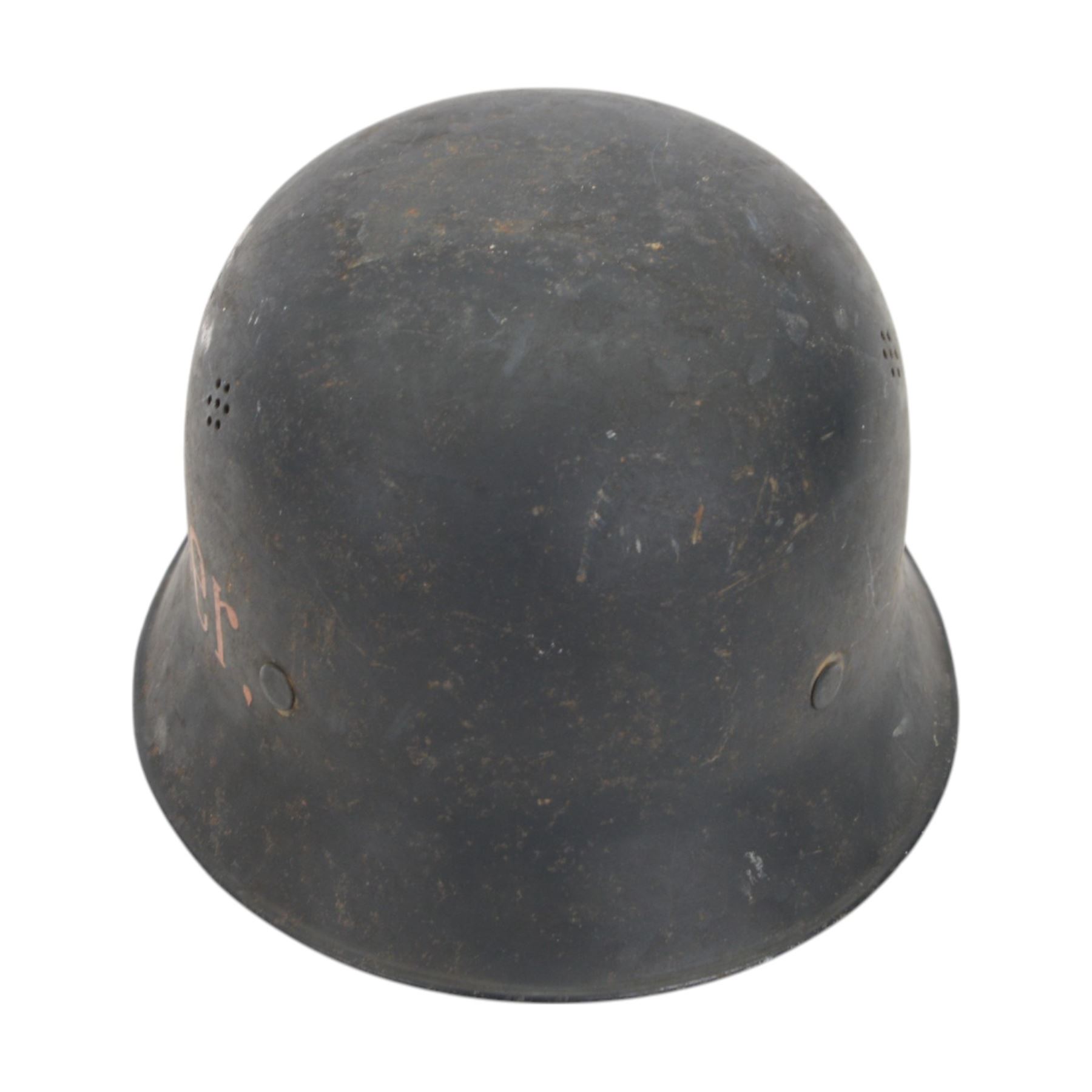 WWII German M42 Hitler Youth helmet, later added Farber on either side, the leather interior stamped 55, D22cm, H16cm