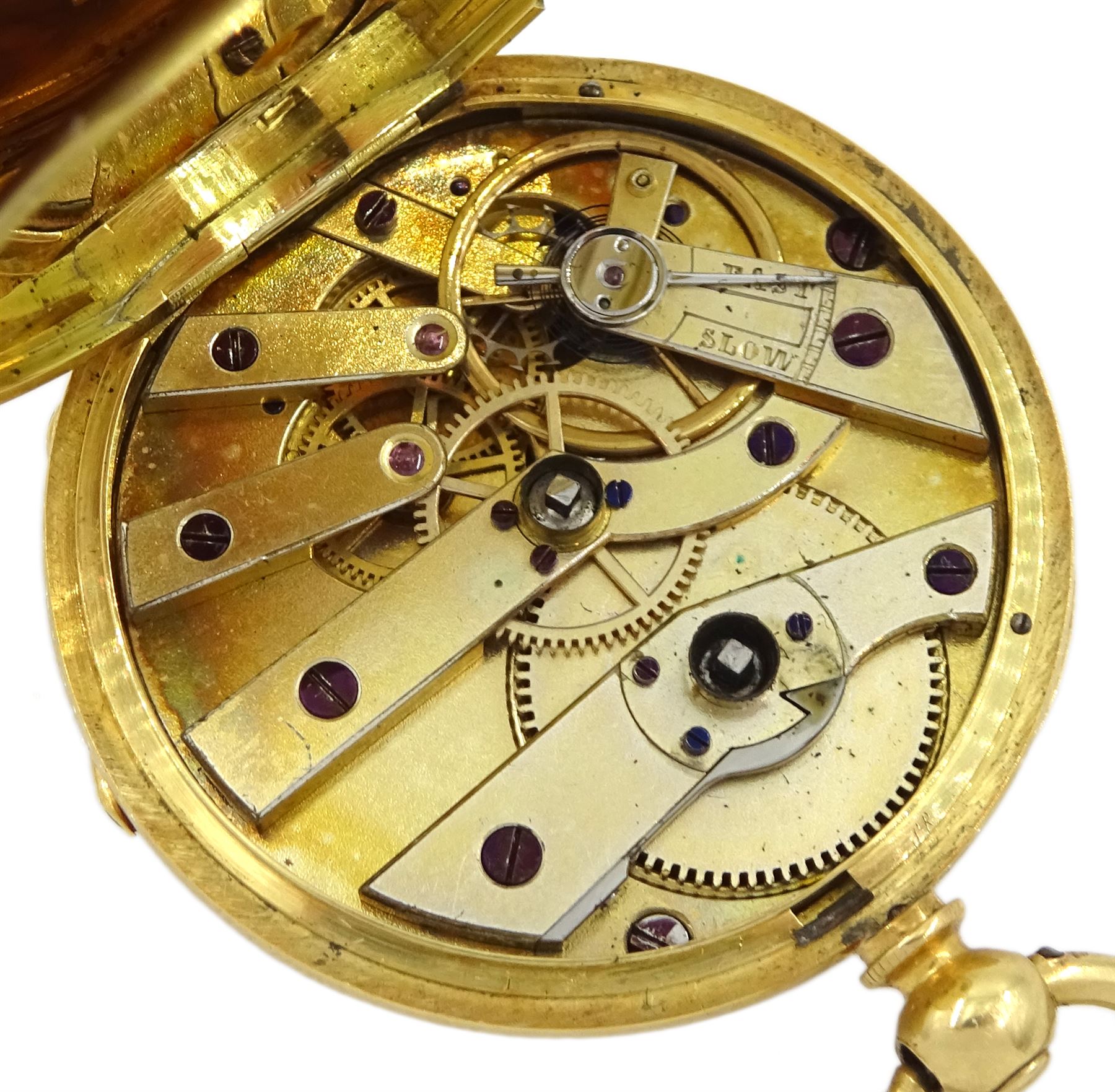 Victorian 18ct gold open face key wound cylinder ladies pocket watch, gilt dial with Roman numerals, the back case with blue enamel forget me not flower and pink flower decoration and engraved 'Fanny Tinker Sep 20 1878 in memory of Catherine Maria Osborne', retailed by W Brown, Sheffield, stamped 18K