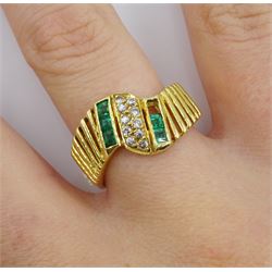 18ct gold calibre cut emerald and round brilliant cut diamond ring, hallmarked