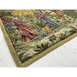 Medieval style German tapestry wall hanging suspended from carved oak pole depicting fairy-tale Rapunzel scene, H126cm W160cm approx 