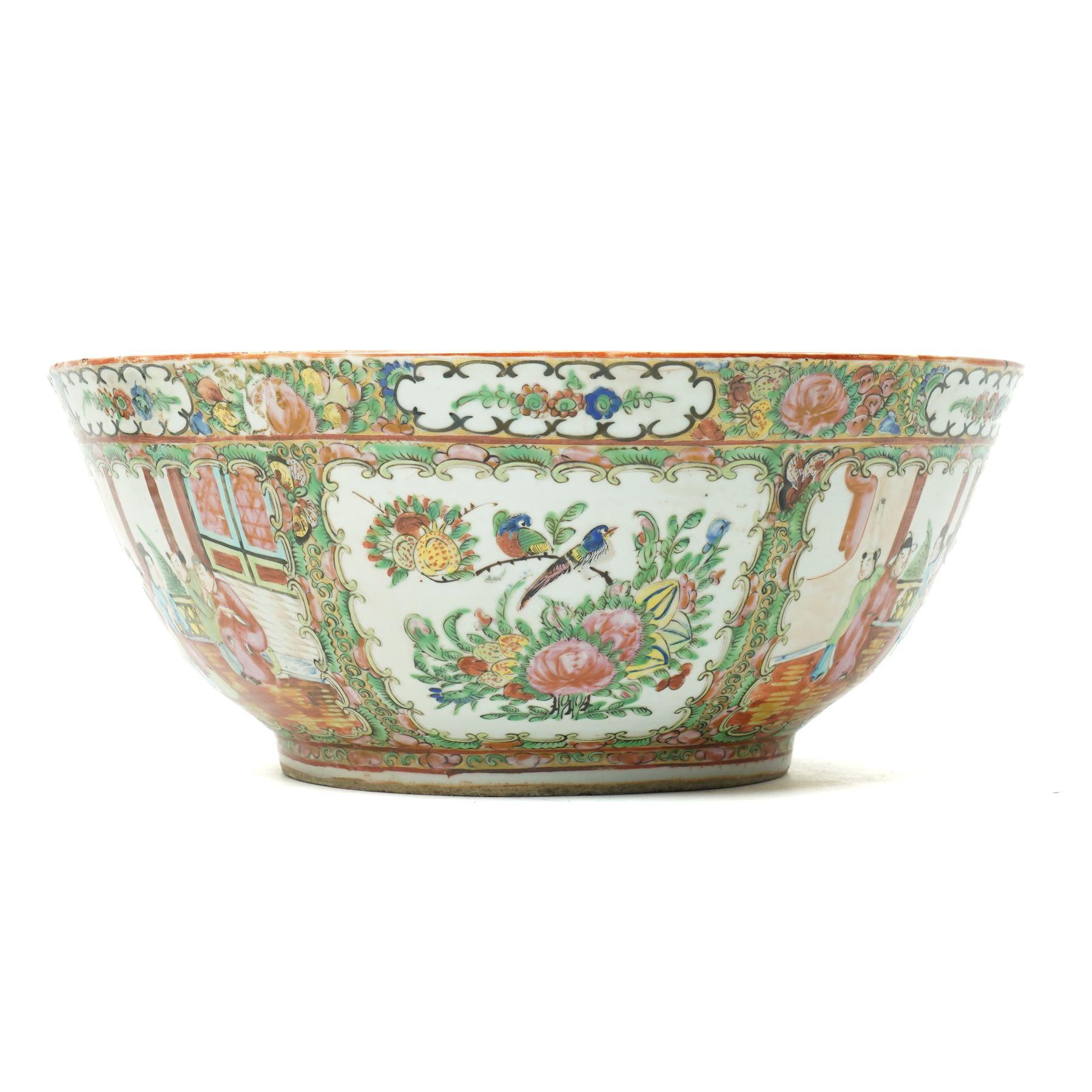 19th century Chinese Canton bowl decorated with panels of figures and flowers in famille rose enamels D34cm