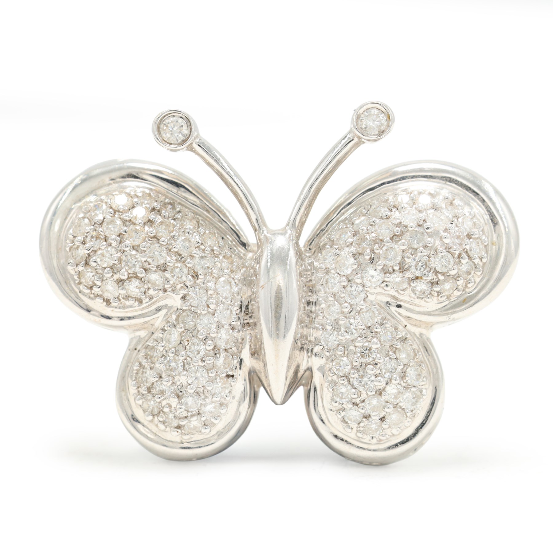 18ct white gold diamond butterfly brooch, pave set with round cut diamonds, stamped 750