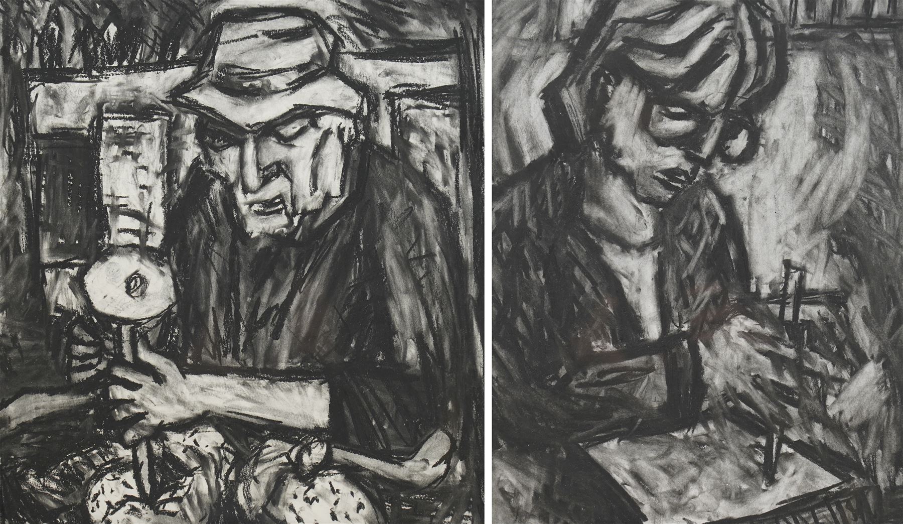Barry De More (Yorkshire 1948-2023): 'Sculptor with Chisel' and 'Sculptor with Mallet', pair charcoal signed and titled verso 38cm x 35cm (2)
Notes: Acclaimed as one of the North's greatest expressionist artists, Barry De More (1948-2023) used a heavy impasto style to transfer his love of Yorkshire landscapes, townscapes and people to canvas. His work sits comfortably in the company of work by Kossoff and Auerbach, selling to collectors in the UK and overseas. De More's work can be found in the permanent collection of work by Northern Artists at Dean Clough, one of the UK's largest contemporary art galleries.