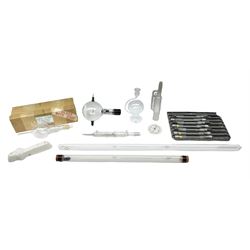 Quantity of laboratory and physics glassware including 'Guinea and Feather' equipment; boxed Latent Heat apparatus; Maltese Cross tube; atmospheric air pressure indicator flask; electroscope discharge tubes etc