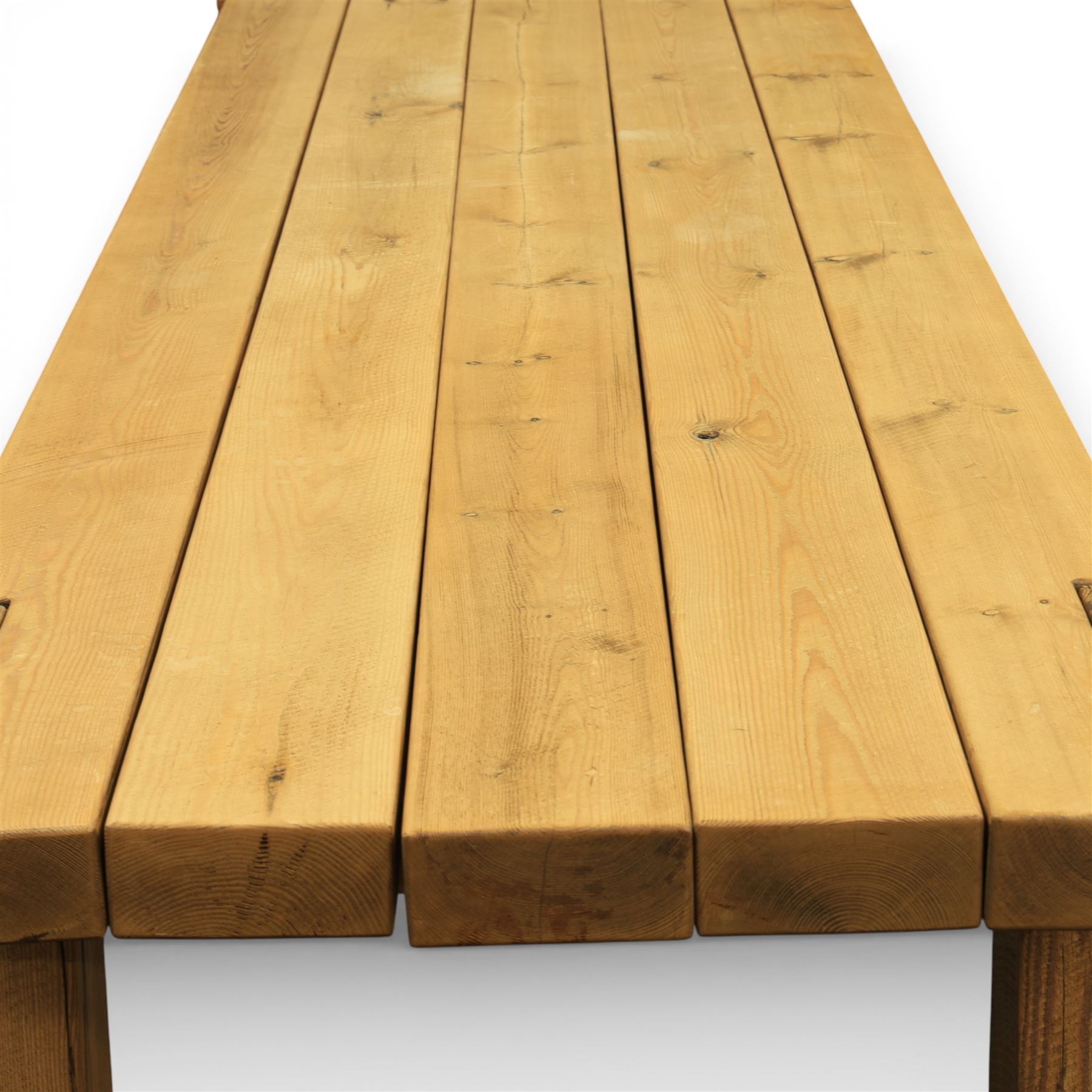 Modern large oak plank top dining table and twelve brown leather high back chairs, table of rustic construction five solid planks with exposed supports, the chairs in brown leather hide with ten standard height and a pair of taller chairs for the foot and head of the table