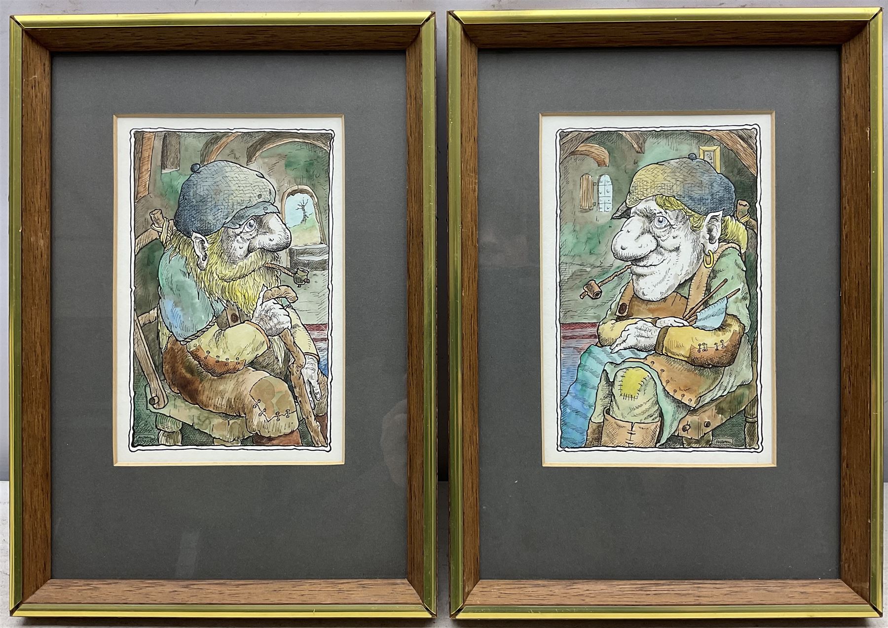 Terry Durham (British 1936-2013): 'Gran'ma Bogart' and 'Gran'pa Bogart', pair pen and ink portraits signed, titled on label verso 16cm x 10cm (2)