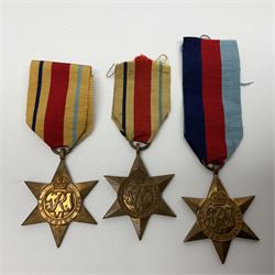 Ten WW2 medals comprising two 1939-1945 war medals, two Defence medals, two 1939-1945 Stars, two Africa Stars, France & Germany Star and Burma Star; together with bar of four miniature medals; all with ribbons