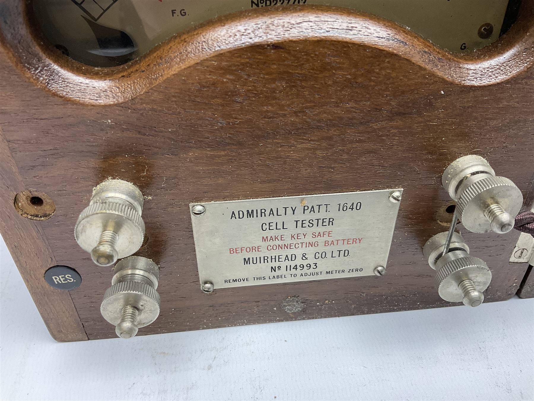 Admiralty Patt. 1640 Cell Tester by Muirhead & Co. Ltd. No.114993; in original teak case with inset carrying handle 17cm square H21cm