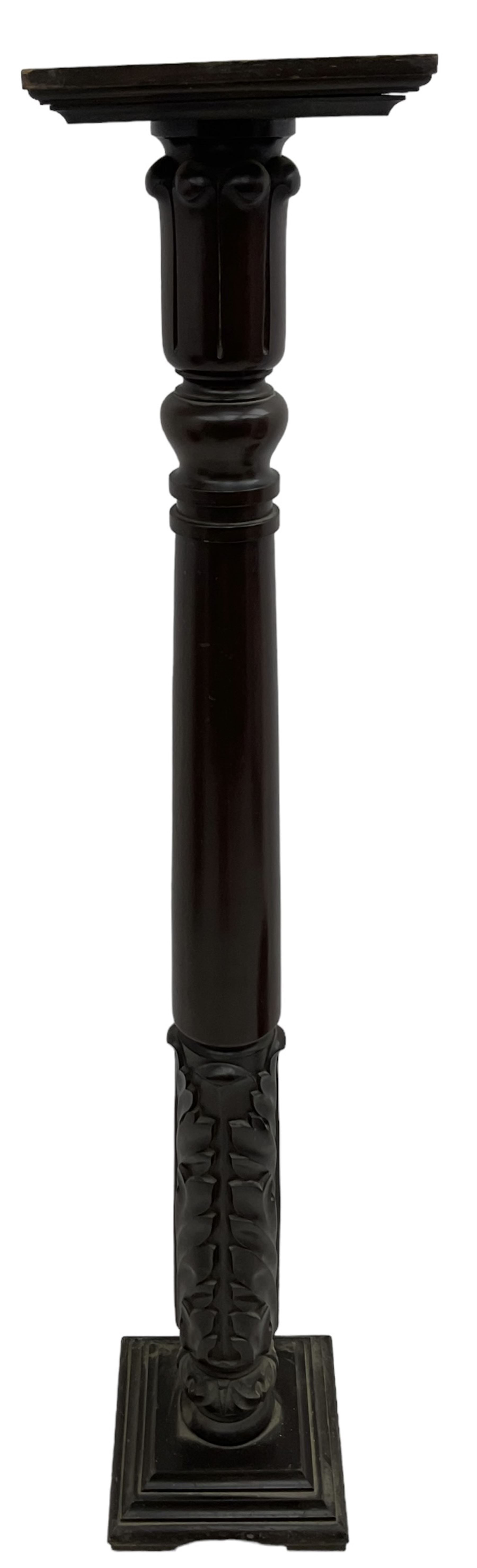 Victorian mahogany torchère or plant stand, square moulded top over turned column with lappet capital, carved with acanthus leaves, on stepped moulded square base