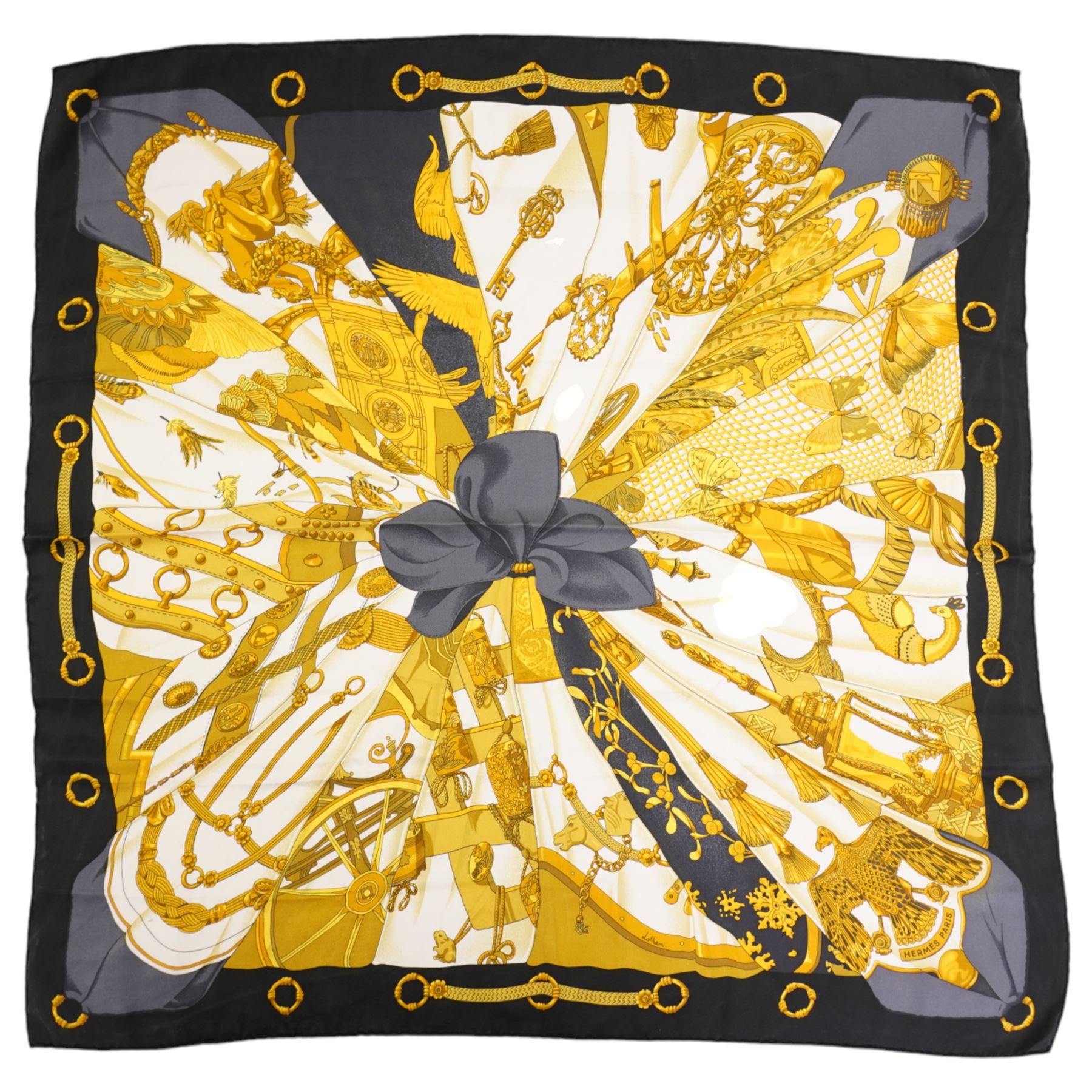 Hermes 'Soleil de Soie' or 'Silk Sun' silk scarf, in navy and gold colourway, designed by Caty Latham, 65cm x 65cm, in original Hermes box