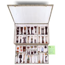 Boxed set of Chinese miniature polished hardstone musical instruments with hardwood stands