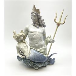 A large Lladro figure, In Neptunes Waves, modelled as Neptune with trident and mermaid, with printed mark beneath and impressed beneath 6397, H36cm.