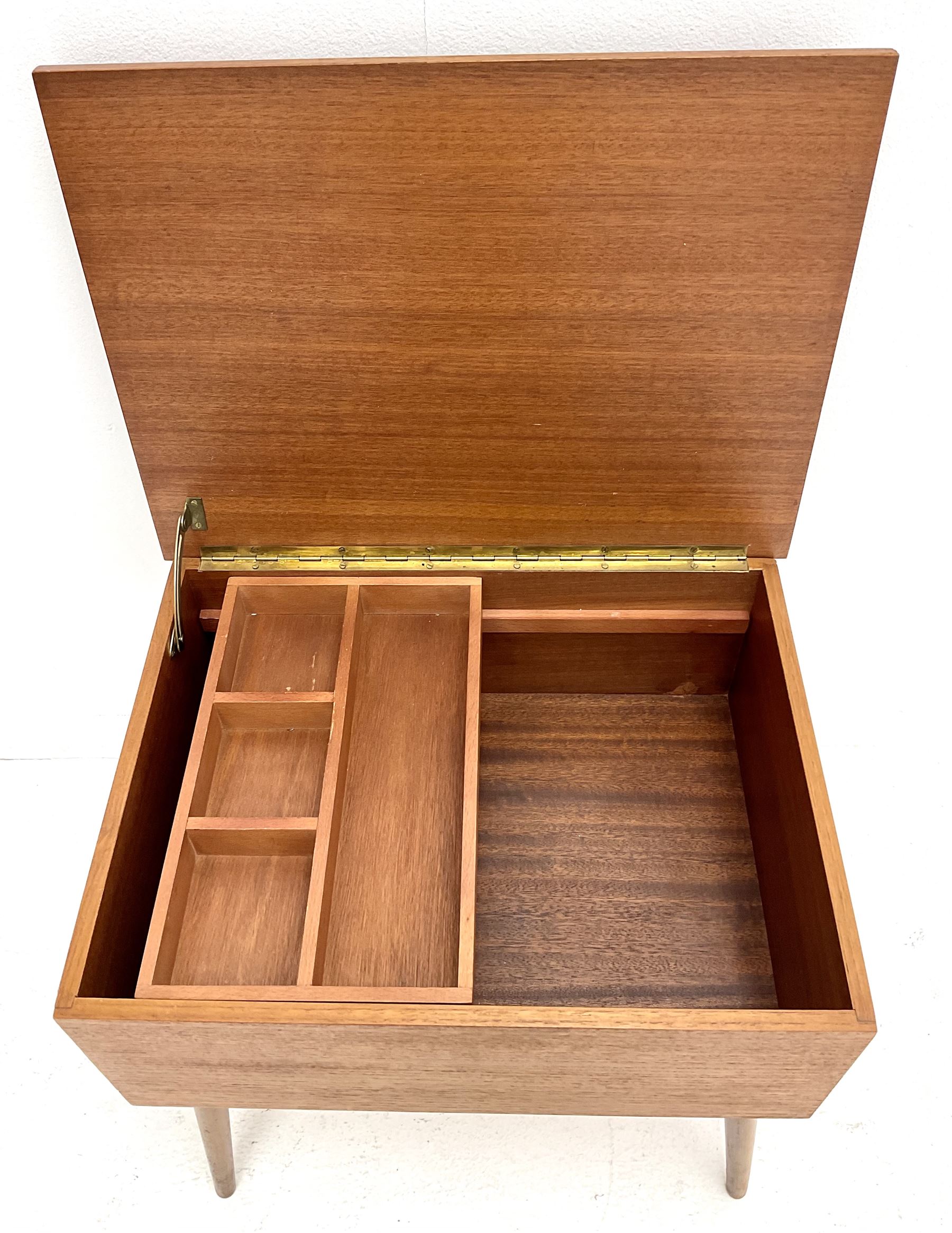 Mid century teak work box, single hinged lid, turned tapering supports
