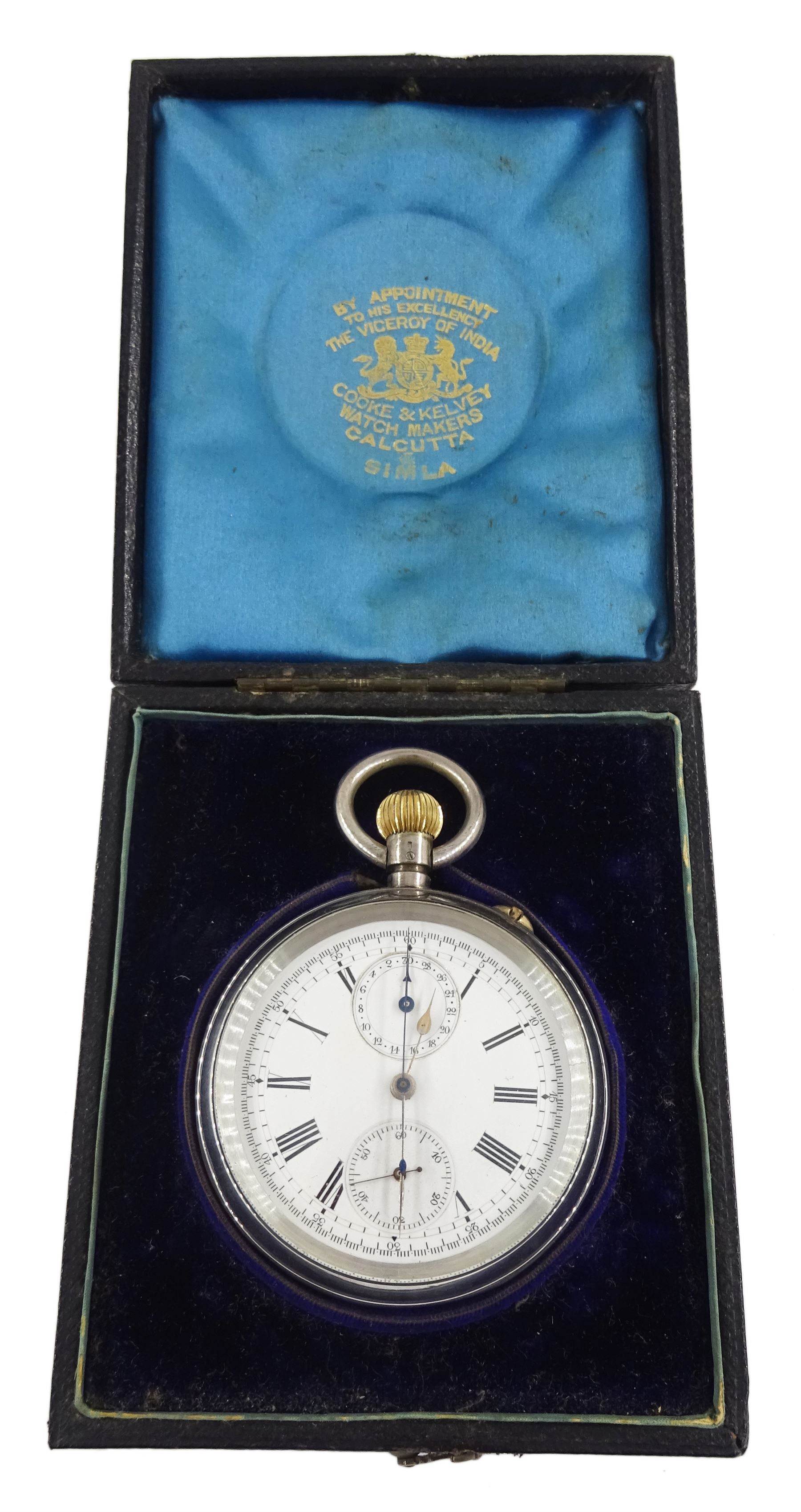 19th century Swiss silver open face keyless chronograph pocket watch, white enamel dial with Roman numerals, centre seconds and thirty minute recording dial, over constant seconds outer minute ring, plate signed 'The Newmarket', case No. 39585, makers mark K&Co, Swiss hallmarks, in fitted silk and velvet lined case by Cooke & Kelvey, Calcutta & Simla, back paper dated 1895