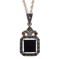  Silver black onyx, marcasite and garnet pendant necklace, stamped 925  