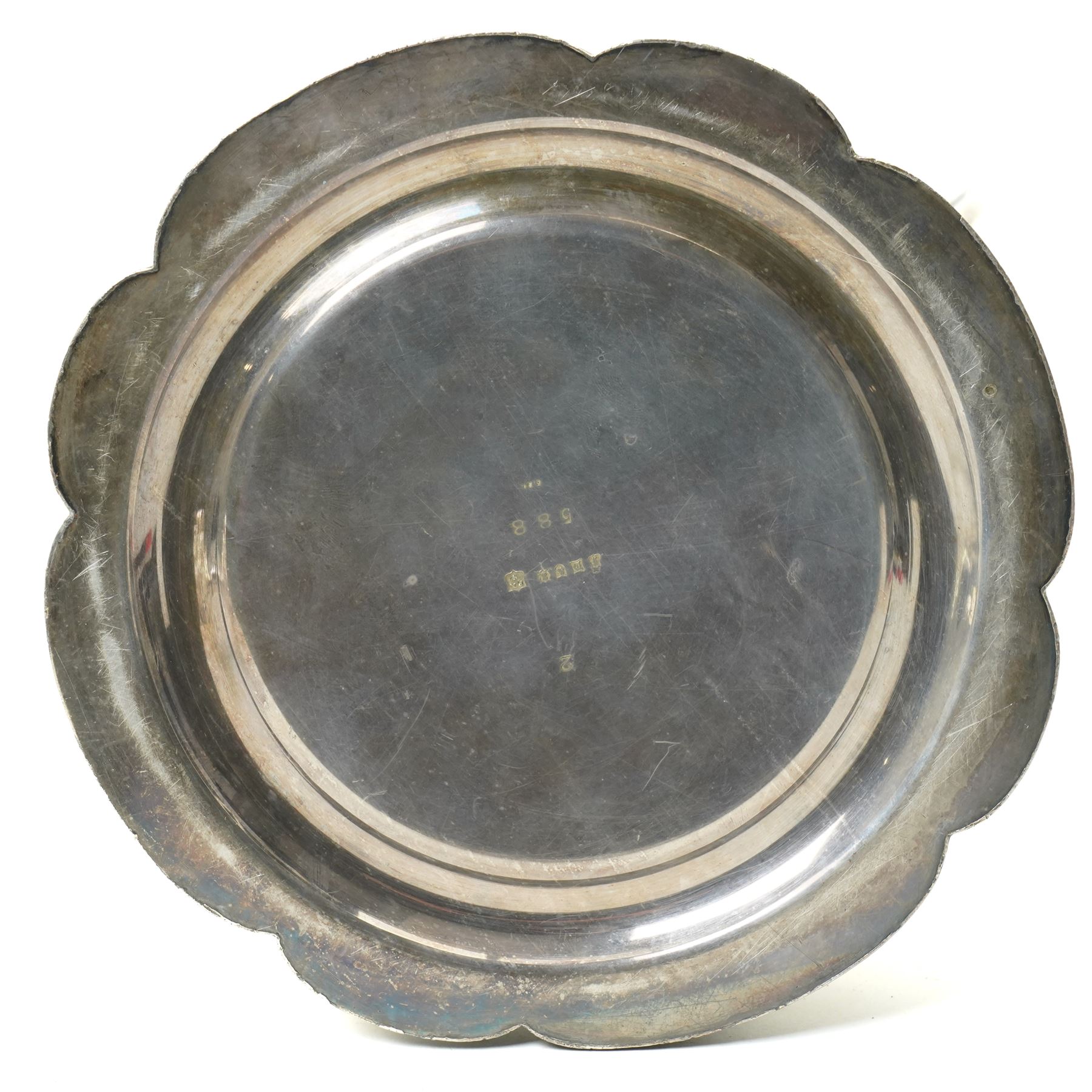 Large silver plated flagon probably by James Dixon with tapering lift, scroll handle and spreading lobed base H37cm, plated chalice with gilded interior by the same maker H21cm, plate chest with baize lined interior and countersunk handles W52cm and a pine stationery box