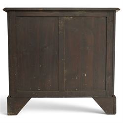 Quality Georgian design mahogany serpentine secretaire chest, the shaped top with moulded edge, fitted with cock-beaded secretaire drawer with button-release fall-front enclosing fitted interior, over three graduating drawers with brass drop handles on pierced circular plates, the canted uprights carved with blind-fret strapwork, lower moulded edge on shaped bracket feet
