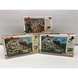 Three Tyco Dino-Riders by Action GT playsets - Pteranodon with Rasp Evil Rulon Warrior; Monoclonius with Mako Evil Rulon Warrior; and Placerias with Skate Evil Rulon Warrior; all boxed (3)