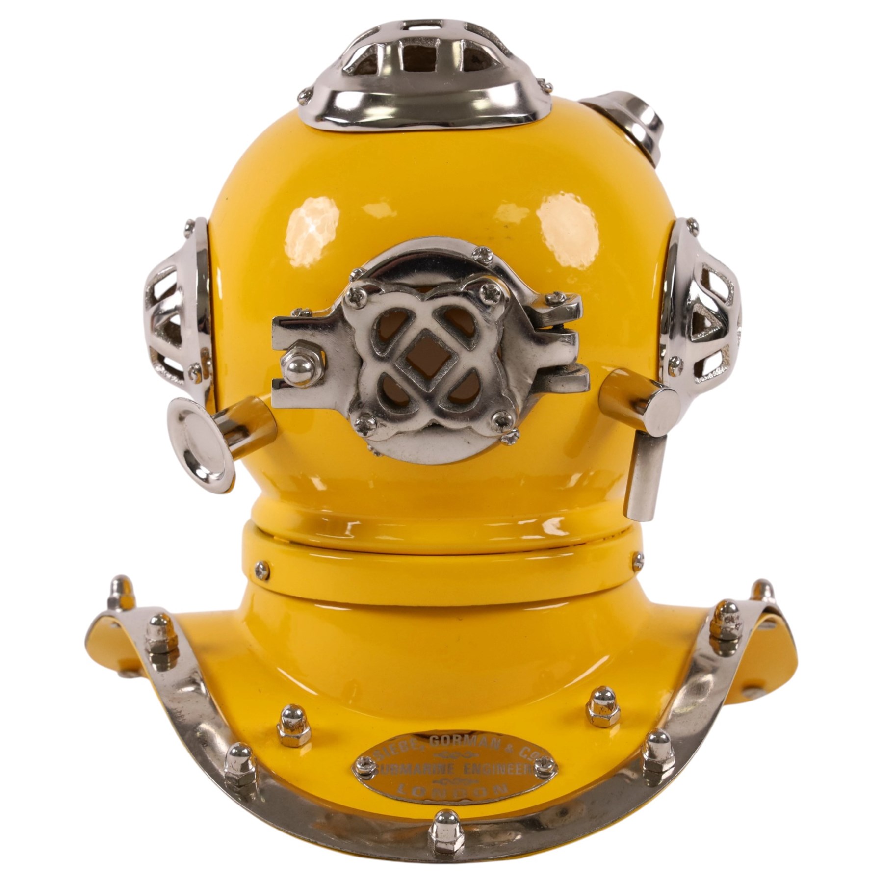 Reproduction miniature yellow divers helmet as Made by Siebe Gorman and Co, Submarine Engineers, London, H20cm