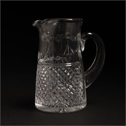 Stuart crystal Beaconsfield pattern claret jug with silver plated cover, matching water jug and pair of candlesticks