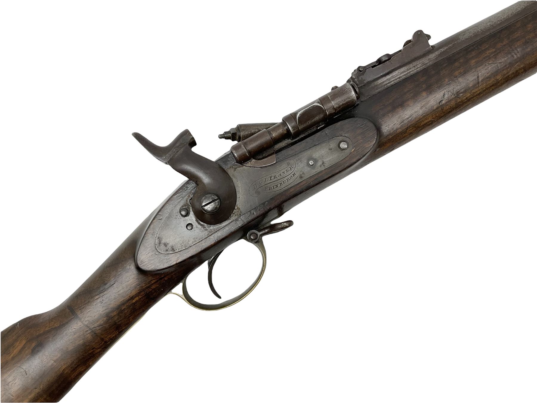 19th century D. & J. Fraser Edinburgh .577 Snider action gun, the 94cm barrel with three-groove rifling, three barrel bands and maker's name to top, full walnut stock with brass fittings, trigger guard inscribed J.D.M.,  L141cm