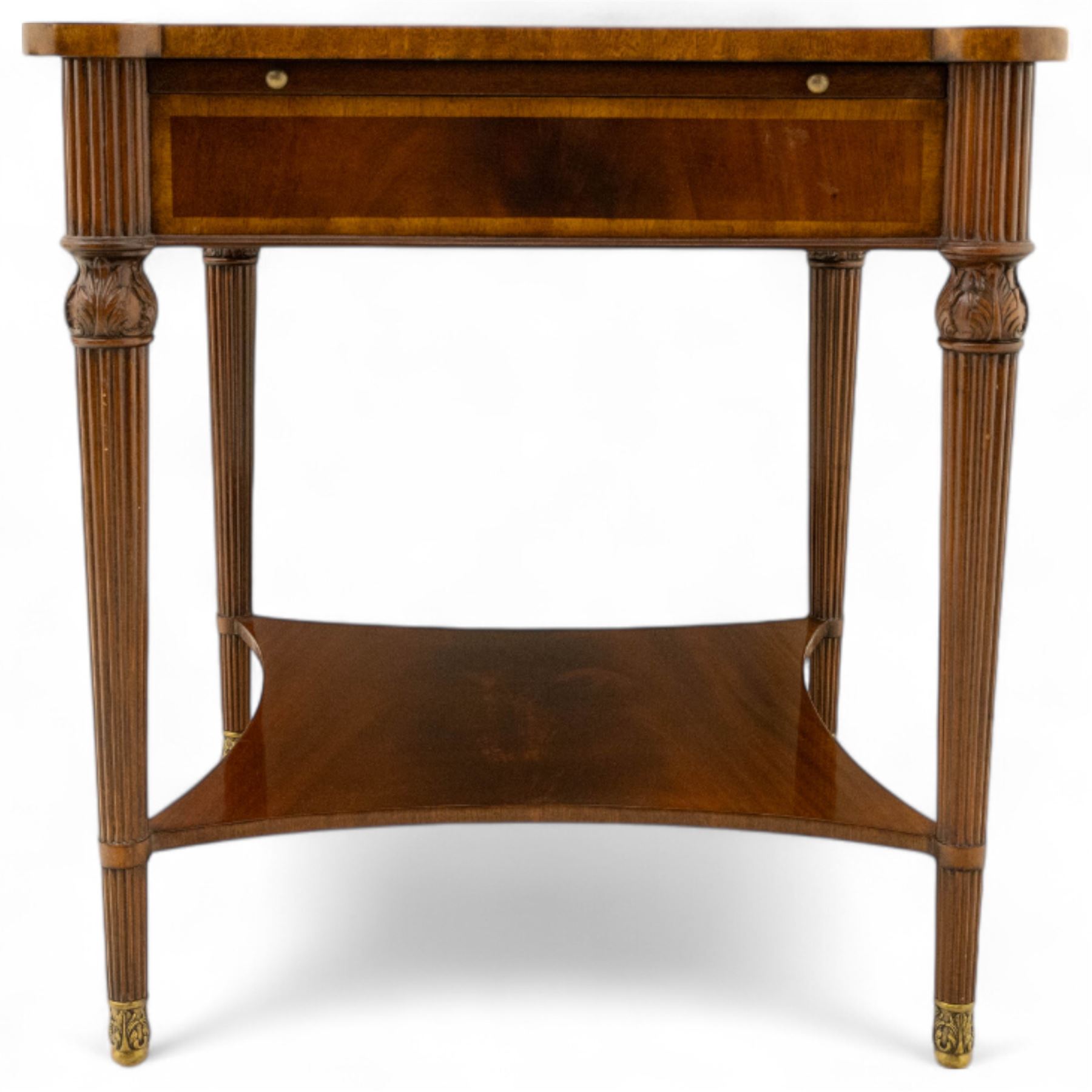Maitland Smith - Pair of mahogany side tables, the rectangular top with rounded corners, the top edge inlaid with movingui wood, above two under-tier shelves, and frieze drawer, supported on stop-reed and acanthus foliate carved legs united by platform stretcher, raised on brass sabot foot caps