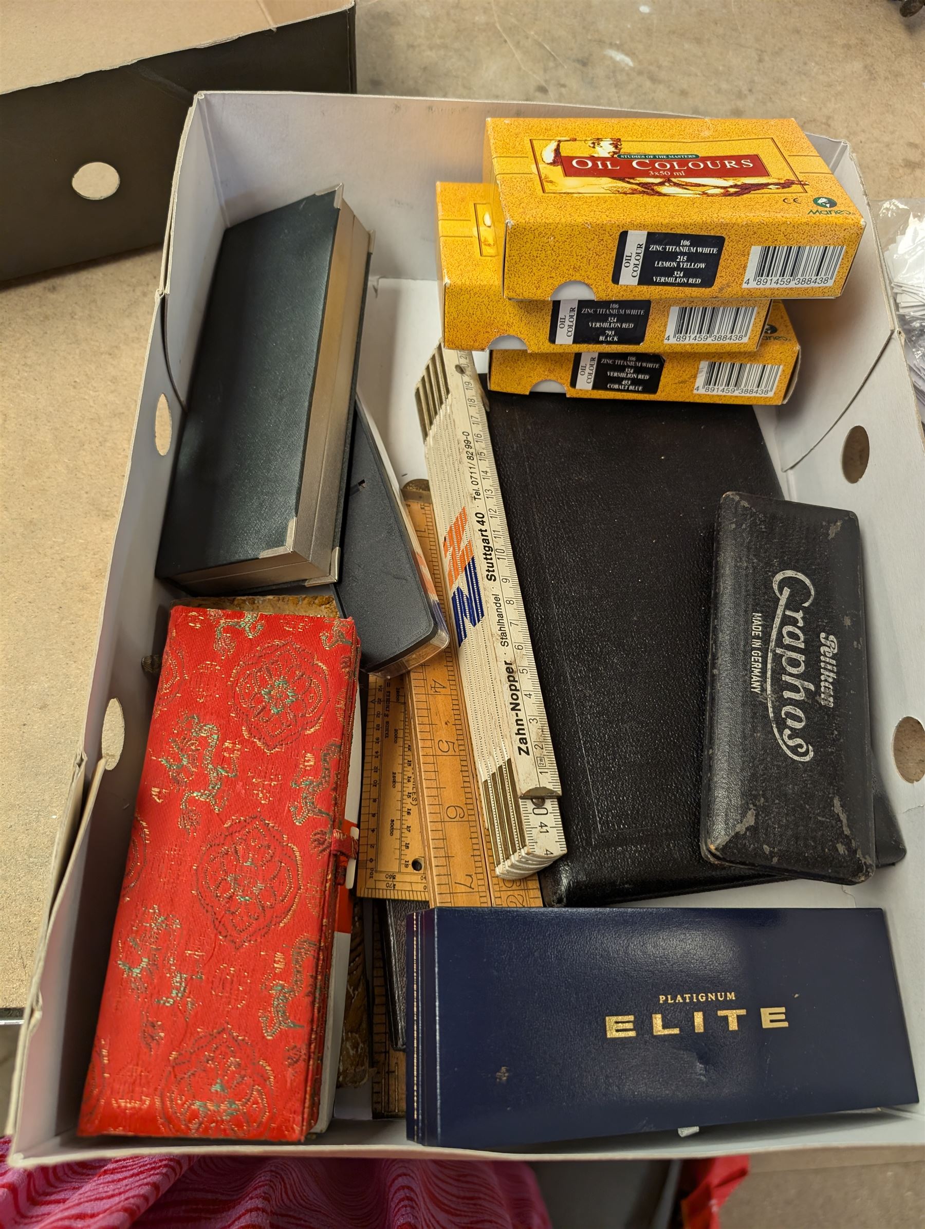 Platignum Elite fountain pen, boxed, other boxed pens, and a collection of drawing instruments and slide rules, including Rabone examples