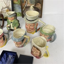 Dimpled green glass bottle, together with painted tiles, a collection of character jugs etc 