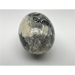 Victorian pottery egg transfer, printed with scenes 'Androcles and the lion' and a courting couple, L7cm 