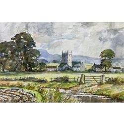 Ken Johnson and Sheila Johnson collection (British 20th century): 'Lincolnshire Landscape - Tetford', watercolour, Moorland and Dales Landscape, pair oils on board signed, The River Esk and Yorkshire Village, two oils on board the latter signed, Ancient Tree with Bluebells and 'Reflection - Northumberland', two watercolours signed (7)