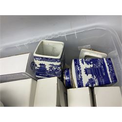 Large quantity of Ringtons blue and white Willow pattern ceramics, to include exclusive collectors examples, dinner plates, teapots, breakfast set, etc, predominantly boxed, four Capodimonte figures comprising example modelled as a girl reading with a puppy, boy giving a bone to a dog, boy reading on cushion and tramp boy sat cross legged with umbrella, together with three The Leonardo Collection figures comprising Midsummer Melody, Alfresco and Butterfly Catchers