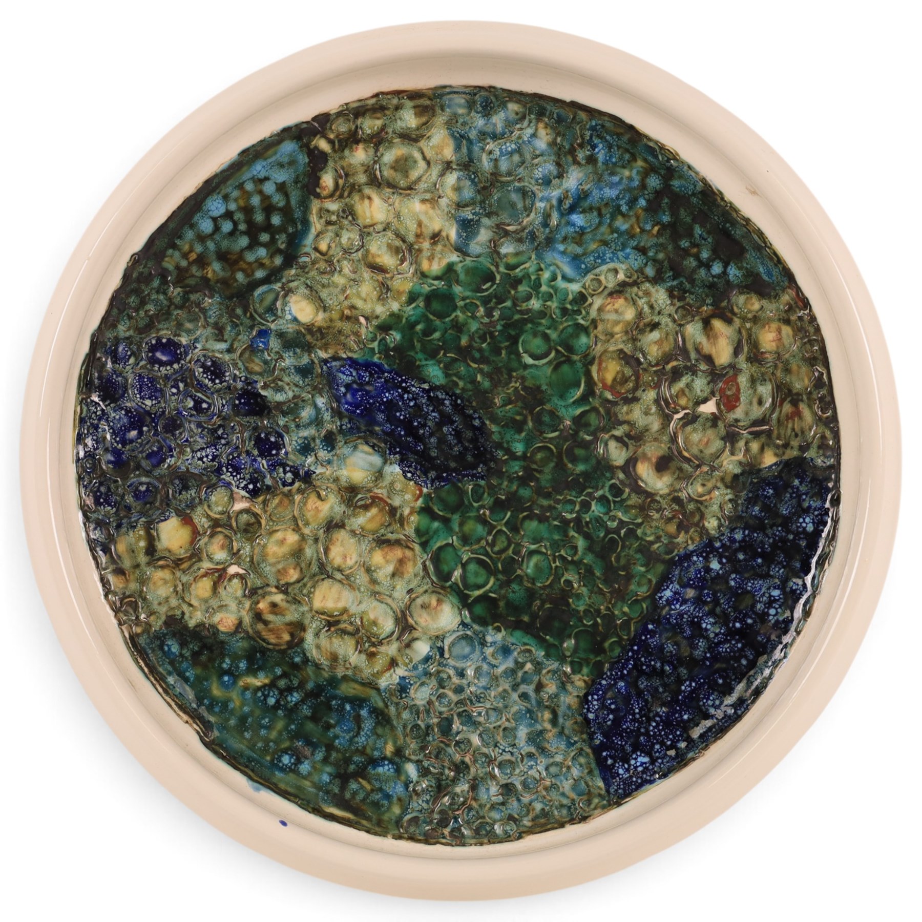 Tony Morris (British 1942-2018) for Poole Pottery: Studio pottery bowl of shallow circular form, thrown by Alan White, glazed and decorated by Tony Morris, impressed and painted marks to base, printed and painted marks beneath D35.5cm