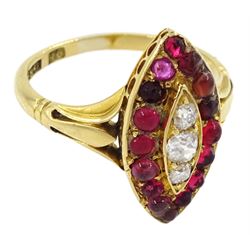 Victorian 18ct gold marquise shaped old cut diamond and cabochon garnet cluster ring, stamped