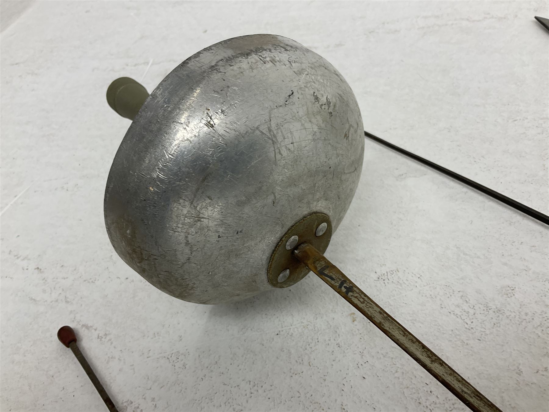 20th century Indian Tulwar sword with 71cm plain curving steel blade and iron hilt with extended langets, knopped grip and spiked pommel; in canvas covered wooden scabbard L87.5cm overall; together with five fencing swords comprising four foils and one epee, three marked Leon Paul, one in carrying case (6)