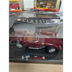 Fourteen 1:18 and 1:24 scale diecast model vehicles, including Classico Ferrari 1972 312, DX RC Lamborghini Gallardo, Maisto Silver Edition Porsche Boxter, , Bburago Williams Fw14, Bburago Ferrari 641/2, etc all boxed