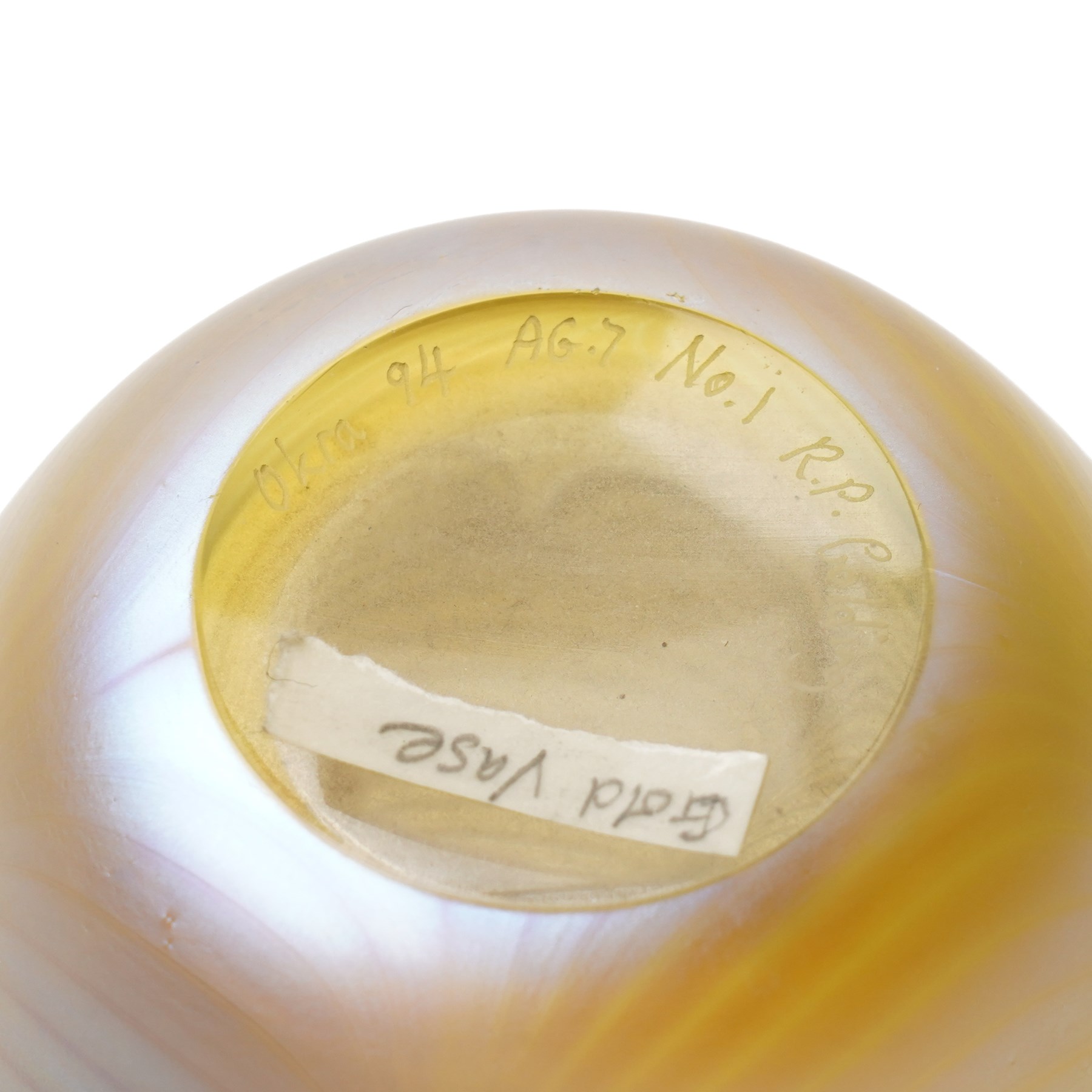 Okra art glass vase, by Richard P Golding, iridescent gold with stylised wave design, inscribed on base 'Okra 94 AG.7 No.1 R.P. Golding' H12.5cm