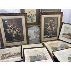 Botanical watercolours and other original works to include June Everett, pair mezzotints, hunting prints etc 