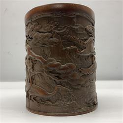 Chinese bamboo bush pot, decorated in relief with cranes in clouds, H16cm