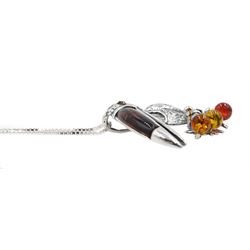 Silver Baltic amber toucan pendant necklace, stamped 925