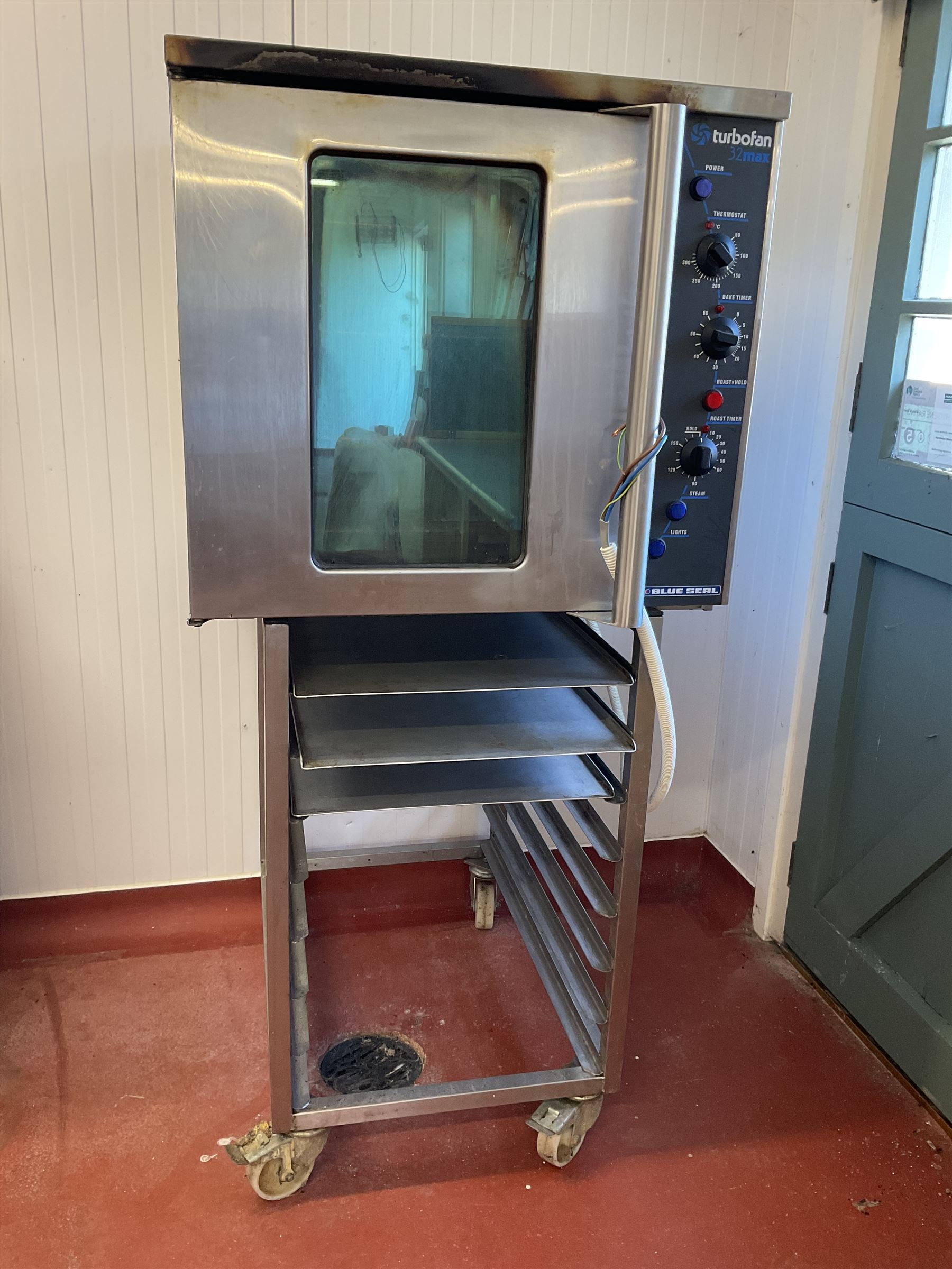 BlueSeal TurboFan 32Max E32MS four tray oven, with stainless tray stand, new fan fitted to oven and fully serviced
 - THIS LOT IS TO BE COLLECTED BY APPOINTMENT FROM DUGGLEBY STORAGE, GREAT HILL, EASTFIELD, SCARBOROUGH, YO11 3TX