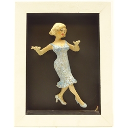  Stoneware fired figure 'Rumba' by Elizabeth Potter (Scarborough, North Yorkshire) in framed display, H35cm x W27cm   
