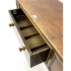 Early 20th century oak side table, single drawer, square supports joined by stretcher 
