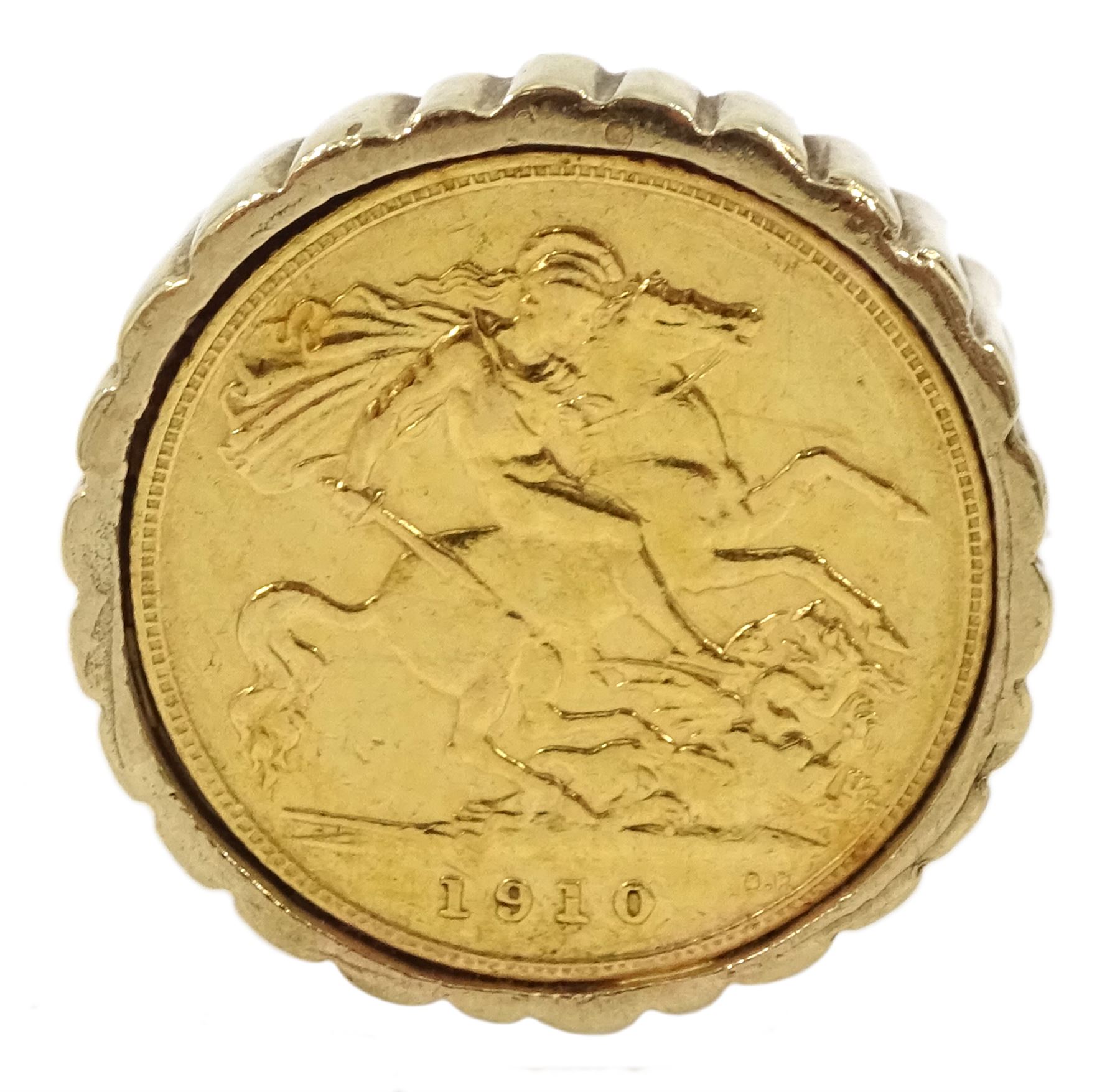 King Edward VII 1910 gold half sovereign, loose mounted in 9ct gold ring, hallmarked