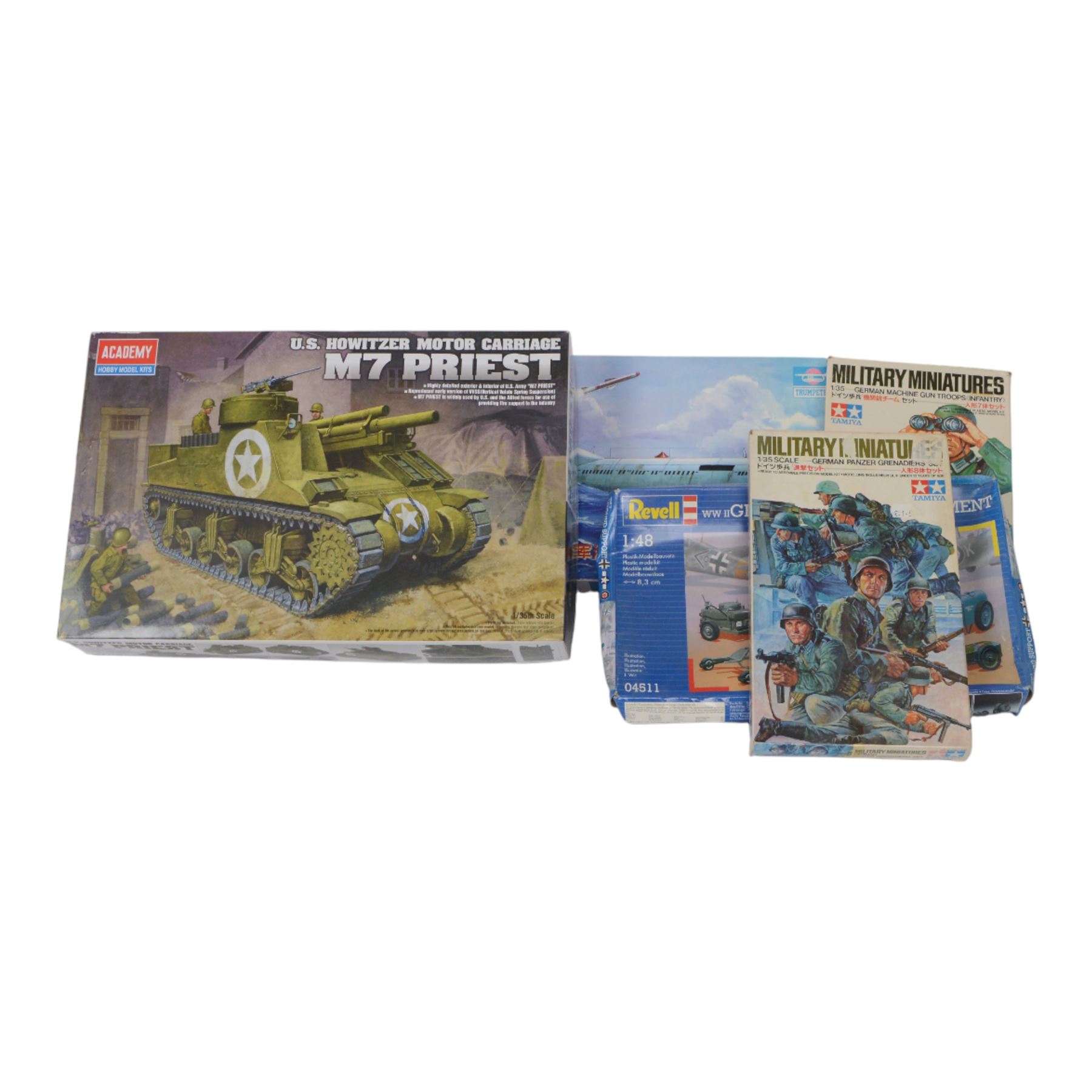 Sixteen military model kits of varying scales, comprising Hasegawa Karl with Munitionspanzer IV, two RPM Tankietki kits, Academy US Howitzer Motor Carriage M7 Priest, Roden Grumman OV-1A Mohawk, Hasegawa P-26A Peashooter, Dragon Modern Soviet Aircraft Weapons sets 1-3, Trumpeter Chinese Type 33G Submarine, Trumpeter USSR Navy Sovremenny Class Project 956 Destroyer, Revell WWII Ground Support Equipment, Tamiya German Machine Gun Troops, Tamiya Panzer Grenadiers, Fujimi US Navy Flight Deck Crew and Revell S-100 Class Deutsches Schnellboot German Fast Attack Craft, all boxed