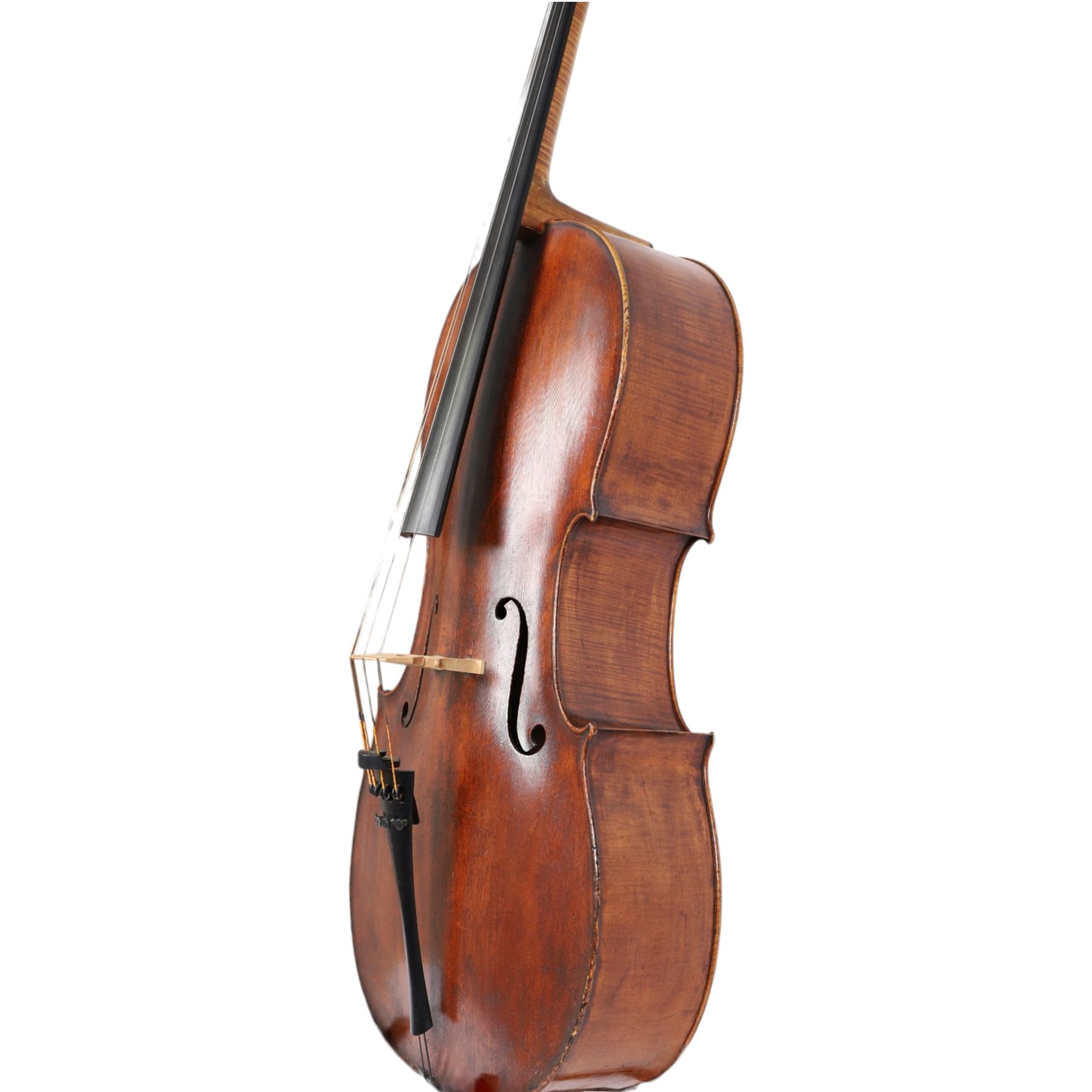 Early 19th century English cello by Samuel Gilkes of London, circa 1820, with two piece back and pine table finished in a golden brown varnish, certificate of authenticity from D.R Hill & Son, Buckinghamshire, numbered H494 in their records, in Hiscox hard case, with two horse hair cello bows, the first an English example stamped Ferranda Millars Liverpool, the second a German example stamped R. Paesold, both with ebonised mother of pearl/abalone frogs and ivory tip plates
This item has been registered for sale under Section 10 of the APHA Ivory Act