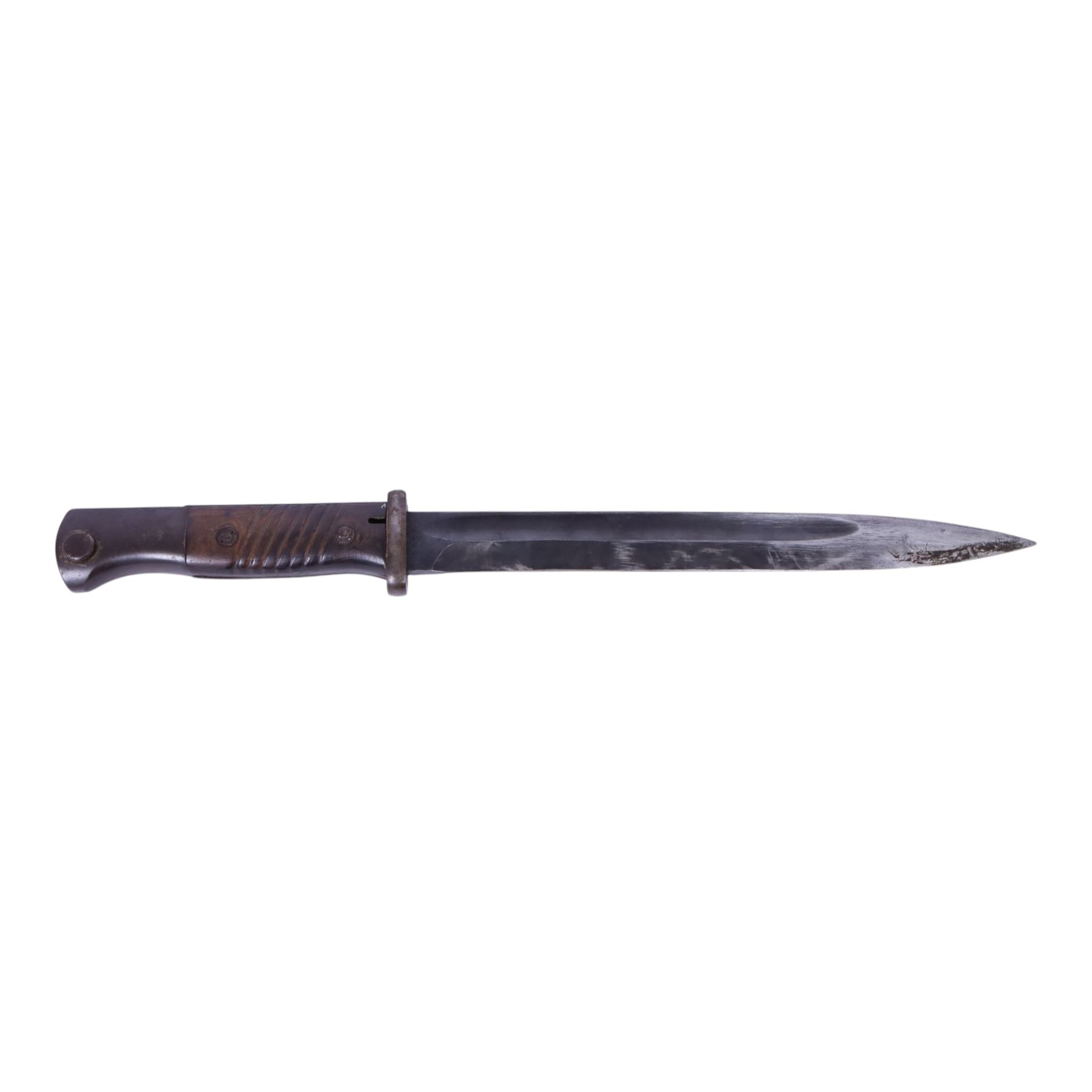 WWII German Third Reich K-98 bayonet North African Corps, marked 42ffe, 6026 to the  ricasso, in steel scabbard and webbing frog, L42cm