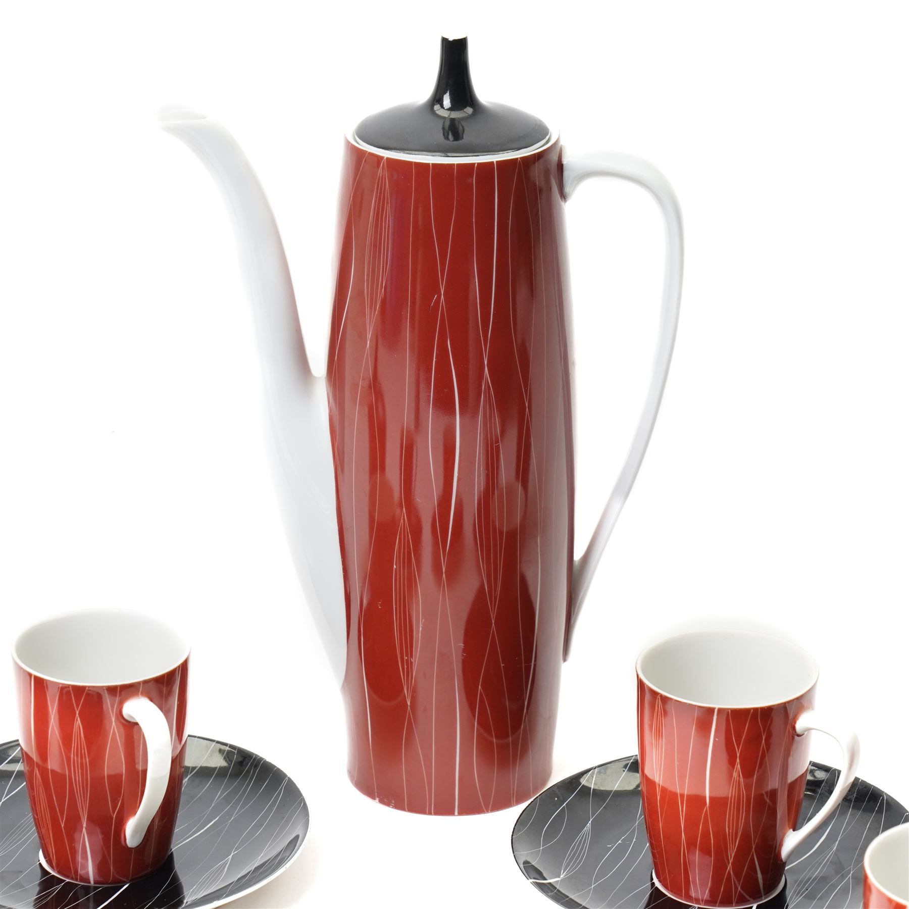 Polish 'Goplana' pattern mid-century coffee set, designed by Wincenty Potacki for Ćmielów, comprising coffee pot, creamer, sugar bowl, and five cups and saucers