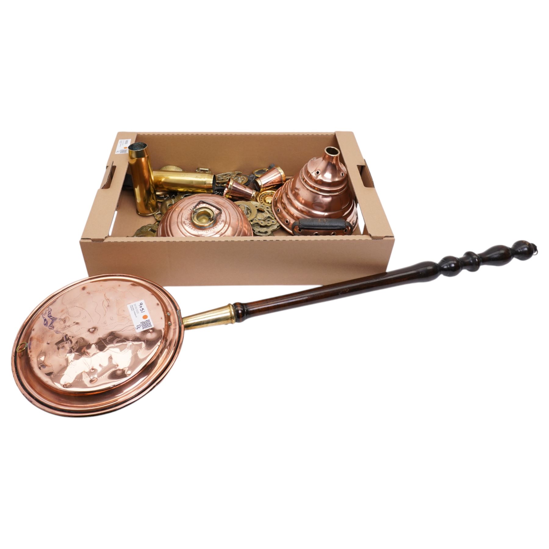 Collection of loose horse brasses, Wafax copper bed warmer, pair of brass shell cases, copper posser, warming pan on turned wooden handle etc